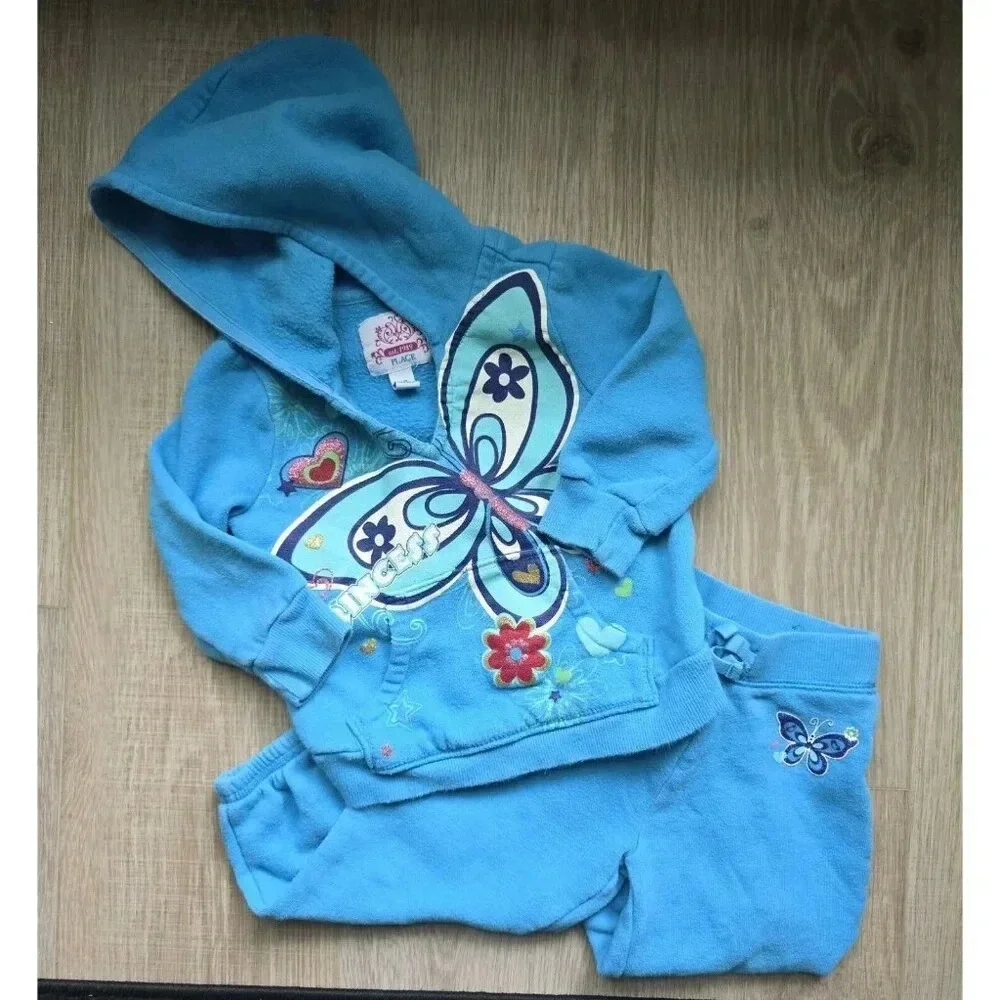 Childrens Place Butterfly Princess Y2K Blue Hoodie Jogger Sweatsuit Set 18M